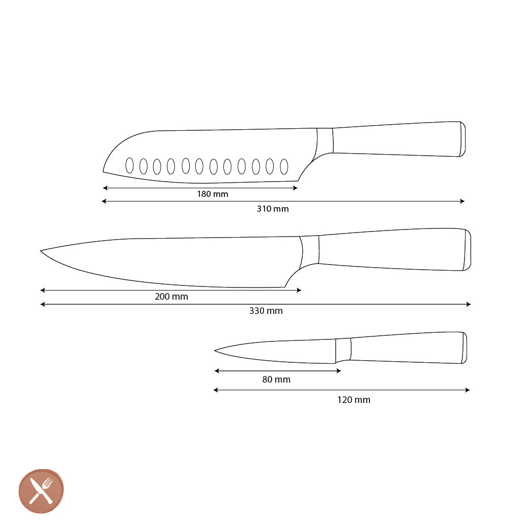 Suko Messer – 3-teiliges Messerset mit Damaszener-Print und Epoxid-Saphir – Kochmesser + Santoku + Schälmesser
