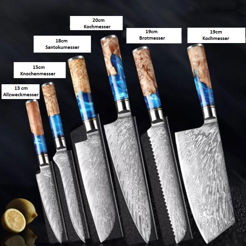 Messer Aus Damaststahl Mit Blauem Harzgriff - Japanische Damast Messerset
