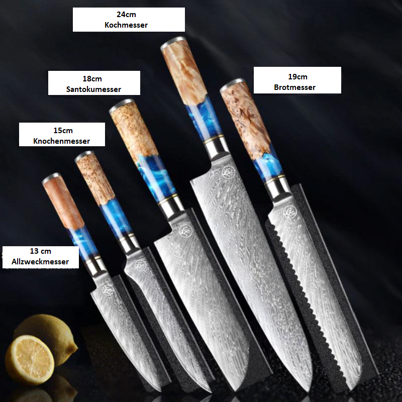 Messer Aus Damaststahl Mit Blauem Harzgriff - Japanische Damast Messerset