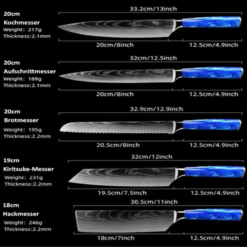 Premium Damast Messerset - 10Stk Shiburu Kochmesser - Japanische Küchenmesser Set