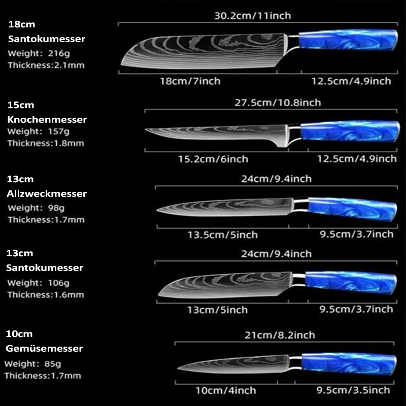 Premium Damast Messerset - 10Stk Shiburu Kochmesser - Japanische Küchenmesser Set