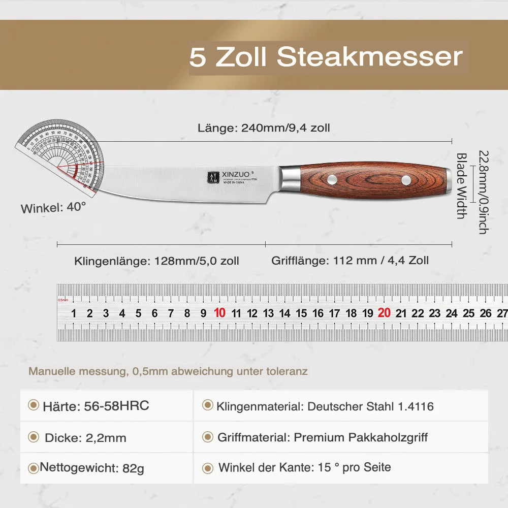 Sukomesser German Steel Steakmesser, 5 Zoll Steakmesser mit Wellenschliff
