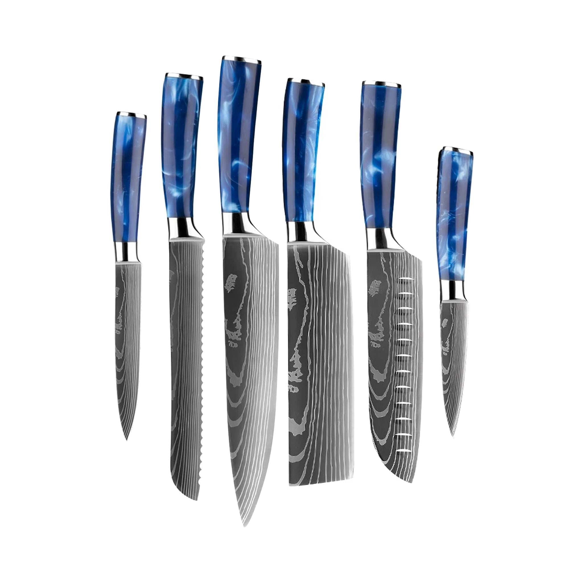 Sukomesser - Epoxy Sapphire 6-teiliges Damaszener Messerset + Akazienhalter 1