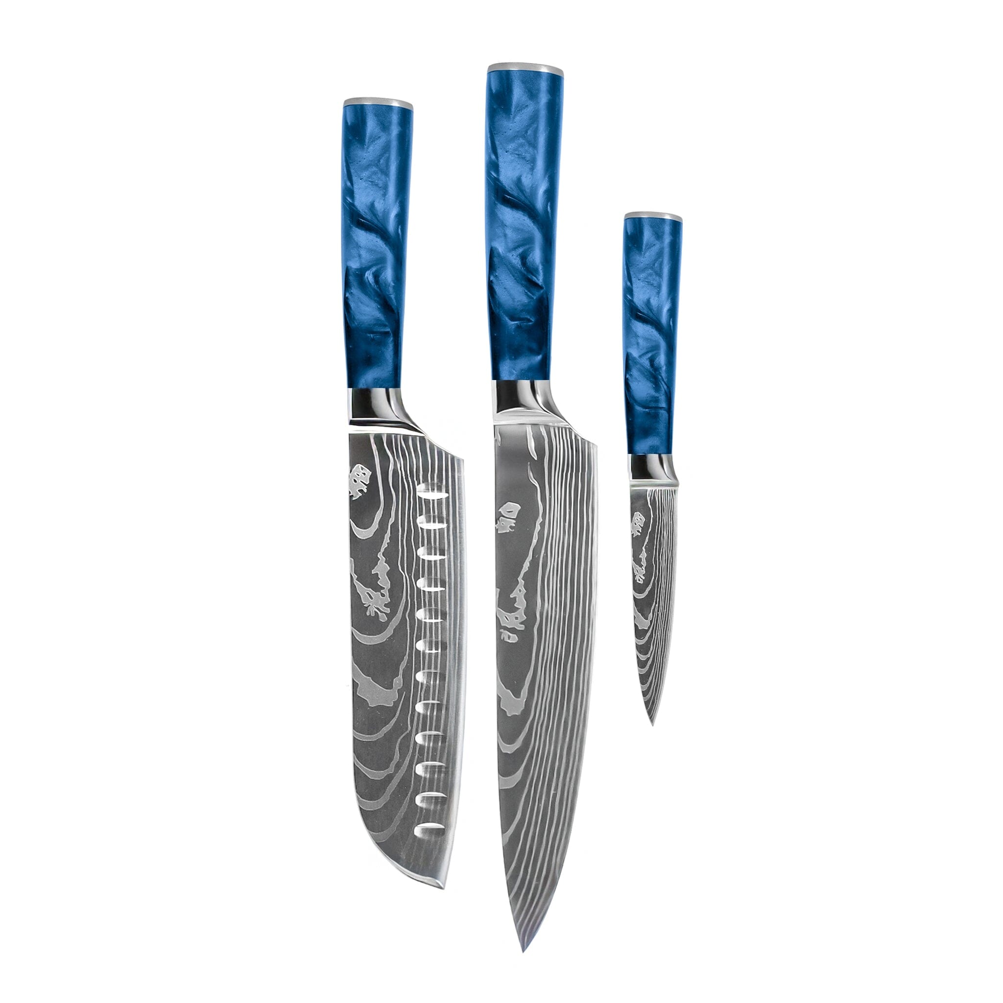 Suko Messer – 3-teiliges Messerset mit Damaszener-Print und Epoxid-Saphir – Kochmesser + Santoku + Schälmesser