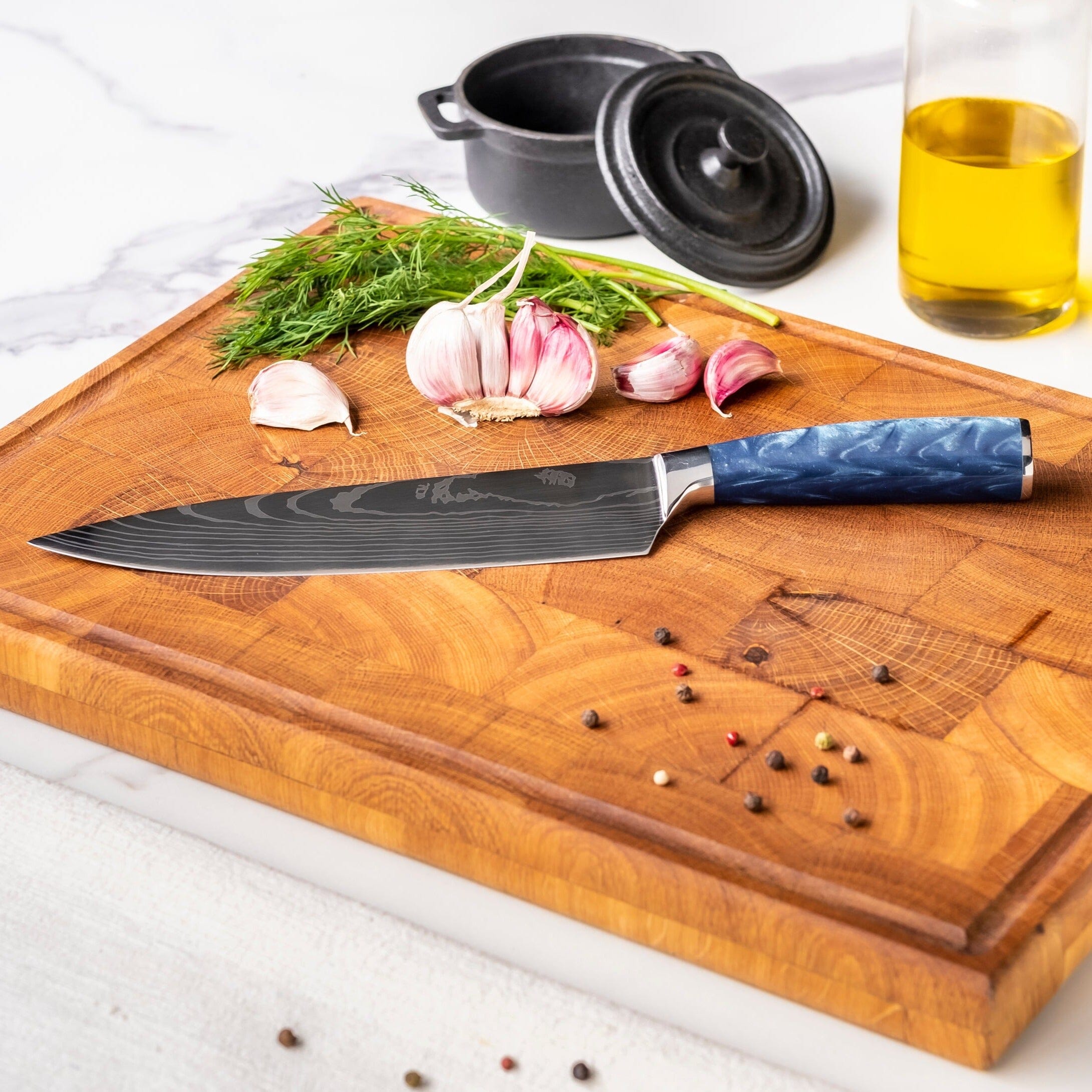 Suko Messer – 3-teiliges Messerset mit Damaszener-Print und Epoxid-Saphir – Kochmesser + Santoku + Schälmesser