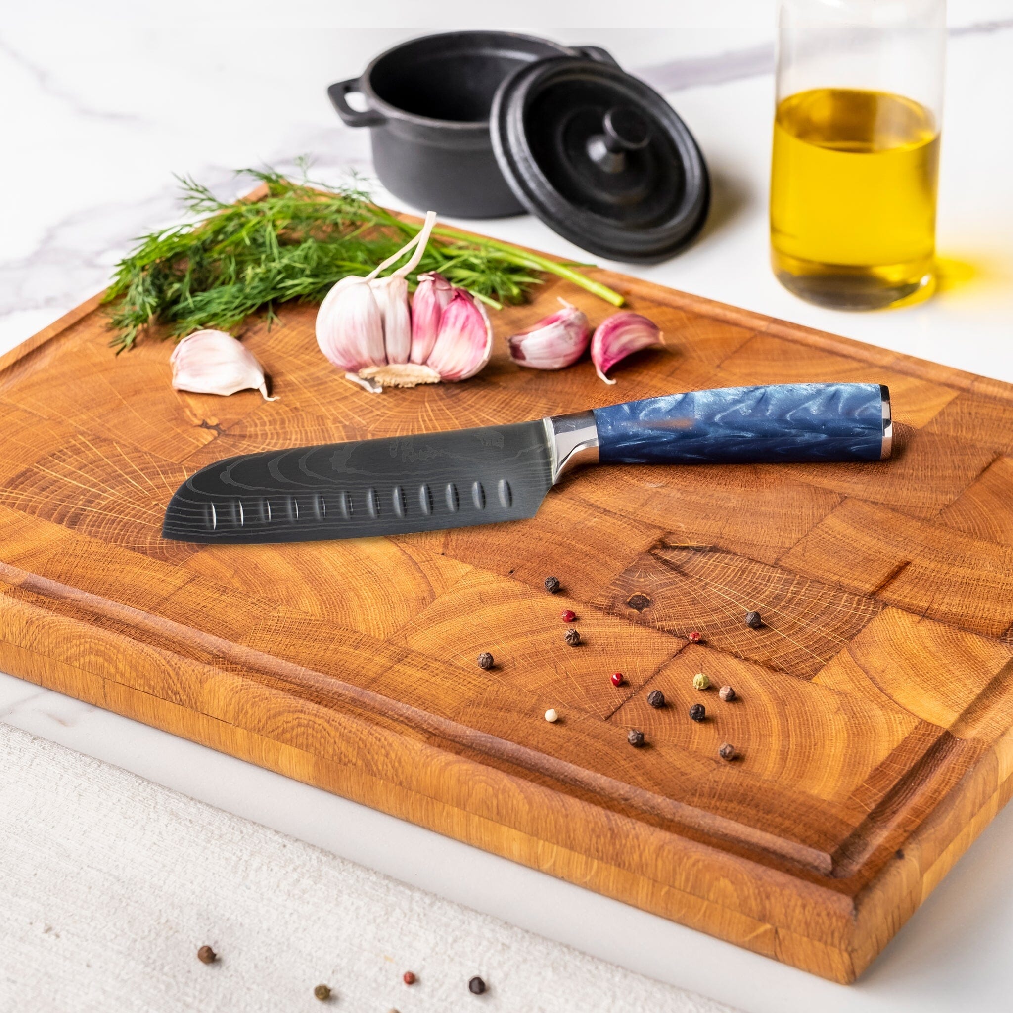 Suko Messer – 3-teiliges Messerset mit Damaszener-Print und Epoxid-Saphir – Kochmesser + Santoku + Schälmesser